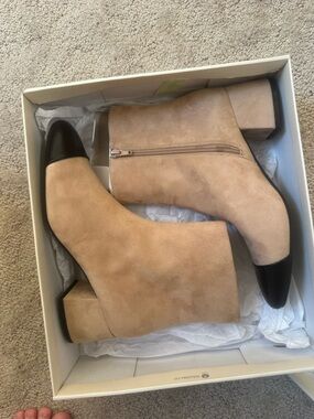 Women's Two-Tone Suede Ankle Booties - Beige with Black Cap Toe